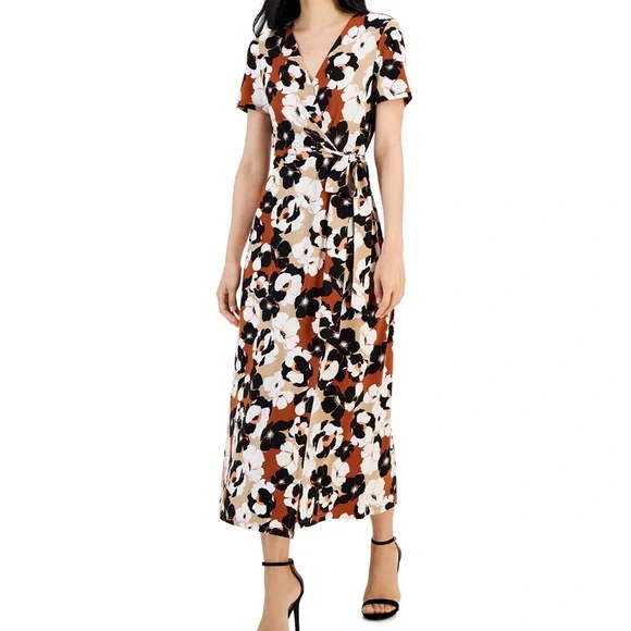 Anne Klein Women's Jersey V-Neck Midi Wrap Dress - Chestnut Multi - Size XXL